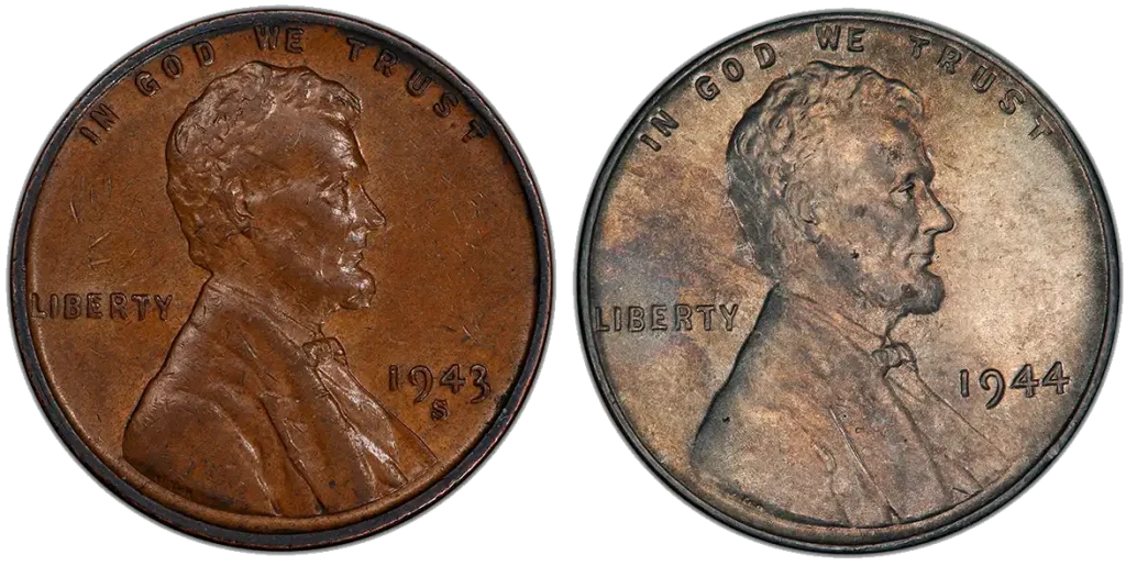 obverses of a 1943 Bronze and a 1944 Steel penny